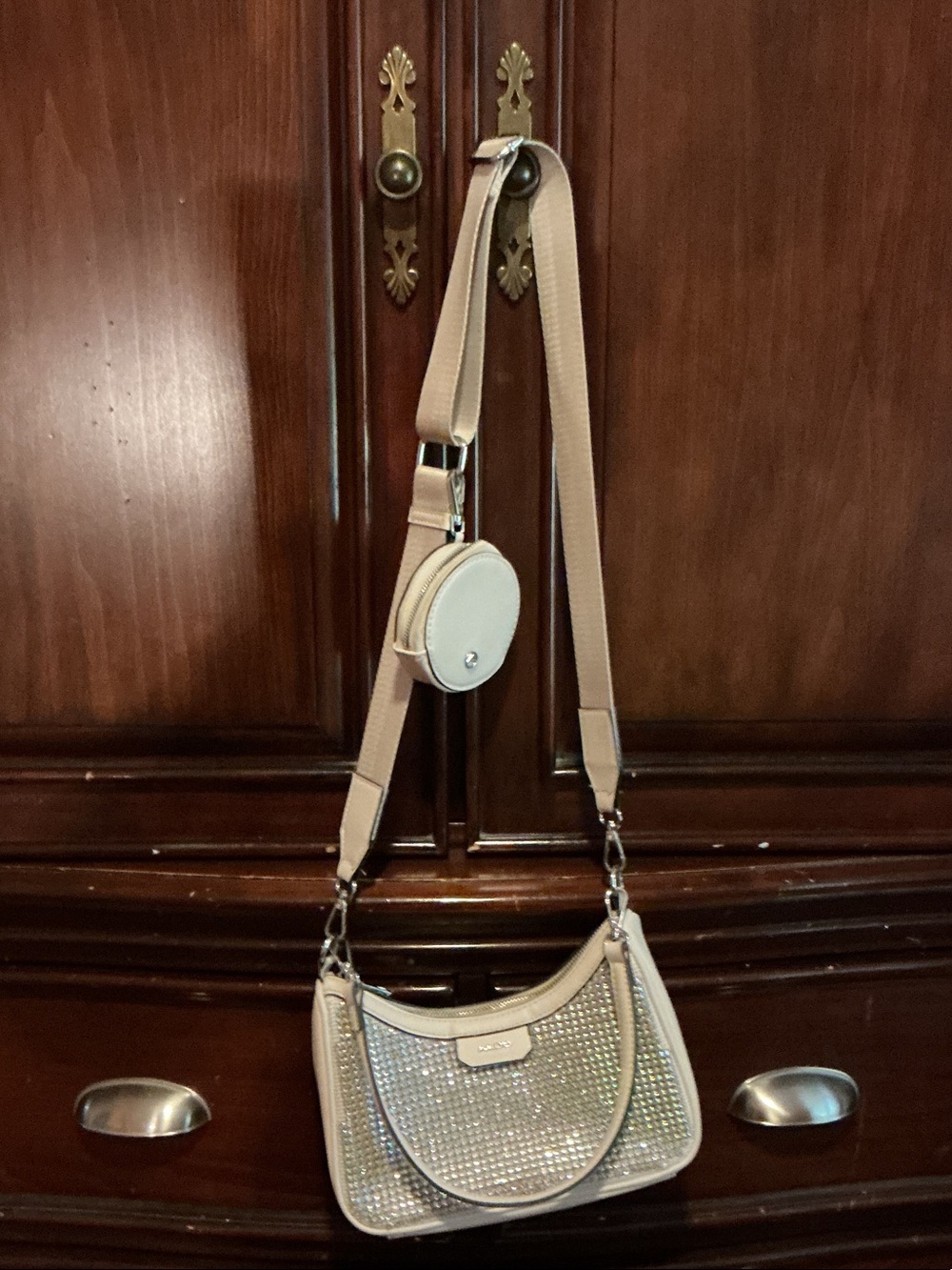 Aldo Beige Crossbody Bag with Crystal Front and Coin Pouch